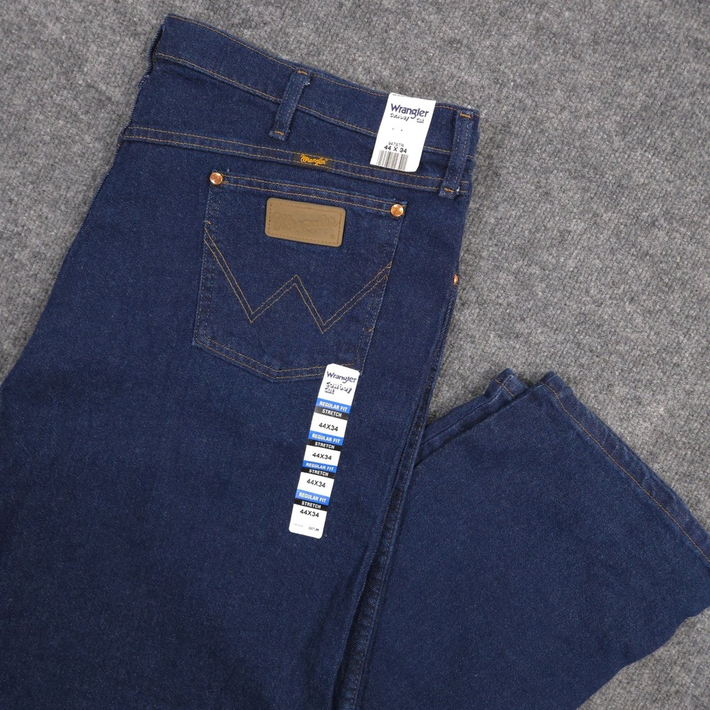 Wrangler Jeans Mens 44X34 Blue Cowboy Cut Bootcut Stretch Dark Wash Denim NEW
